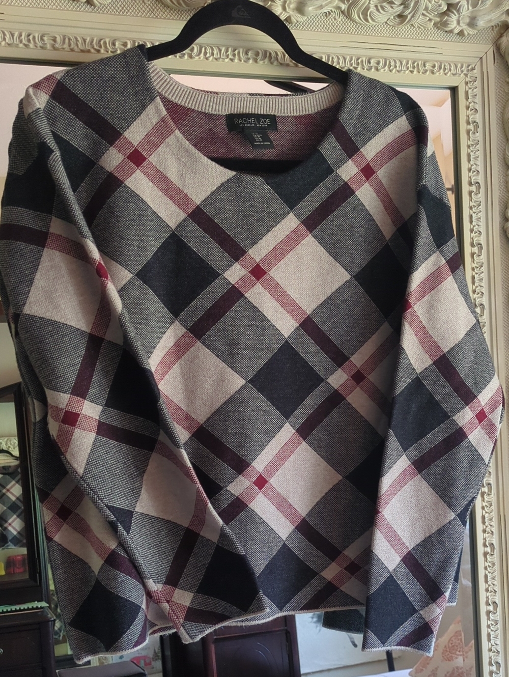 Rachel Zoe Plaid Crewneck Sweater in Black, Cream & Burgundy